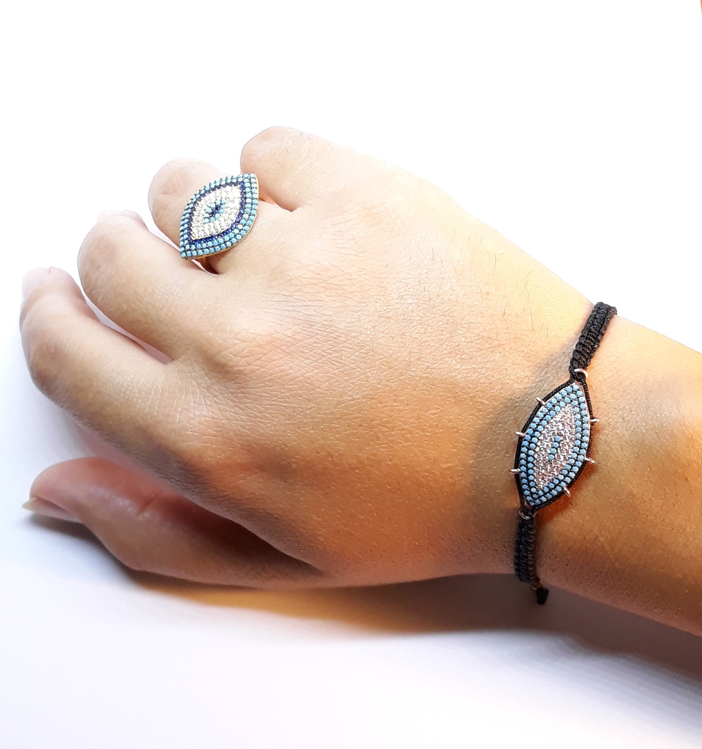 Evil Eye Bracelet "Mati macrame, silver 925 rosegold-plated with Turquoise, zircons semi-precious stones Symbols Collection